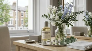An elegant dressing table holding a bottle of fresh unisex scent and a bouquet of seasonal flowers.