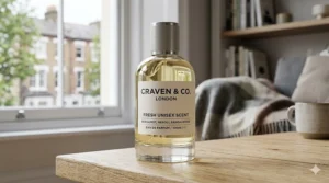 A premium glass bottle of fresh unisex scent featuring citrus and woody notes, displayed on a minimalist background.