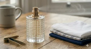 A close-up of a traditional masculine scent bottle releasing a fine mist, displayed alongside classic pocket squares on a wooden desk.