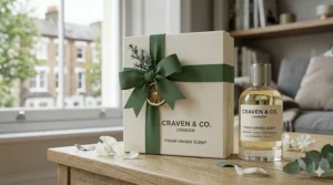 A beautifully wrapped gift box containing a bottle of luxury fresh unisex scent.