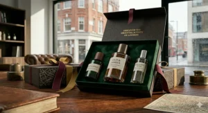 A beautifully wrapped gift set containing a variety of oriental men's perfumes for a special occasion.