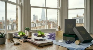 Elegant heritage cologne packaging displayed next to a bottle and fresh botanicals, representing the distillation of classic masculine tradition.