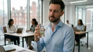 A close-up, high-detail photograph of a professional man applying cologne to his wrist before work, with a focused expression. In the blurred background, a window overlooks the iconic red-brick architecture of London. This illustrative guide demonstrates the proper application of a non-intrusive office fragrance.
