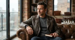 A mood shot of a man wearing a leather jacket, evoking the timeless appeal of leather scent for men.
