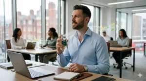 A candid photograph of a professional British man in a light blue shirt applying a subtle office cologne from 'The London Fragrance Co.' while standing at his desk in a modern, open-plan office. A colleague works at a desk behind him in soft, natural daylight.