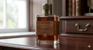 A detailed view of a high-quality glass bottle containing a long-lasting leather scent for men.