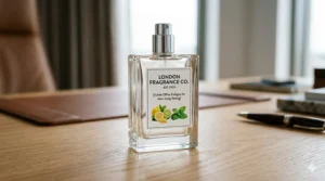 Close-up of a premium, clear glass cologne bottle with 'LONDON FRAGRANCE CO.' branding, featuring detailed citrus and mint illustrations on the label, resting on a polished wooden desk with soft daylight.