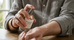 A person applying a spritz of spicy unisex cologne, demonstrating the lasting power of the scent on the skin.