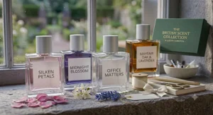 A premium gift box labelled ‘The British Scent Collection’ rests on the weathered grey limestone windowsill, alongside perfume bottles, satin ribbon, and brass scissors.