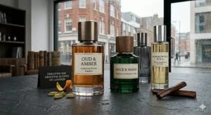 A stylish man applying a sophisticated oriental men's perfume before heading out for the evening.