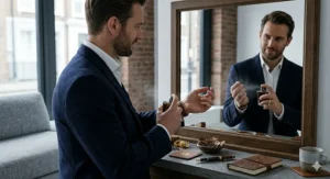 A man applying a refined leather scent, capturing the essence of modern British style.