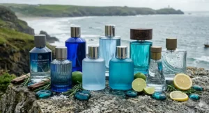 An elegant collection of men’s aquatic cologne bottles perfectly suited for summer days.