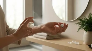 A person applying a light spritz of clean minimalist perfume to their wrist.