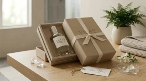 A beautifully wrapped box containing a clean minimalist perfume, perfect for gifting.