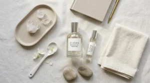 A curated flatlay featuring a clean minimalist perfume bottle, white linen, and a ceramic tray.