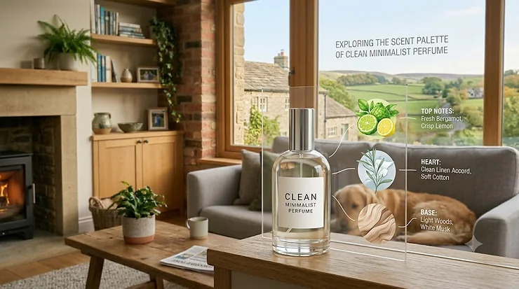 An elegant diagram showing the fresh citrus and woody scent notes of a clean minimalist perfume. clean minimalist perfume