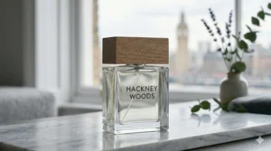 A photorealistic close-up of a square glass bottle labelled "HACKNEY WOODS" with a light wooden cap, sitting on a marble surface.