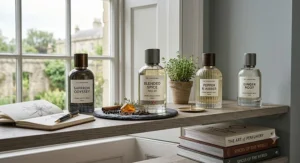 A curated selection of spicy unisex cologne bottles showcased in a contemporary interior setting.