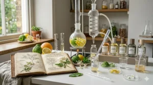 A modern, clean laboratory bench where a new citrus unisex fragrance is developed.