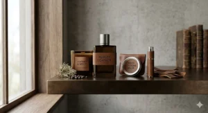 A curated collection of luxury leather scent for men products displayed on a minimalist shelf.