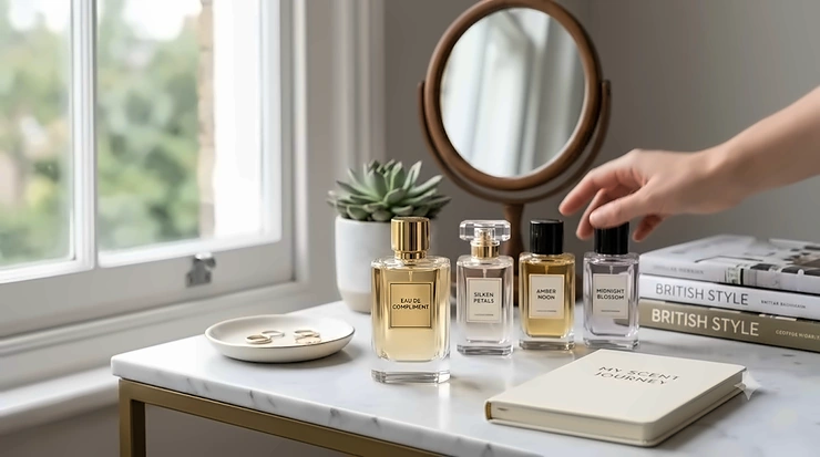 A curated selection of the most complimented perfumes for women in the UK, featuring elegant glass bottles on a vanity table. most complimented perfumes women