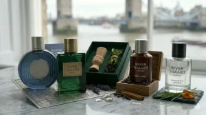 A close-up of "RIVER THAMES," "HACKNEY WOODS," a wooden diffuser, and other items in a green presentation box.