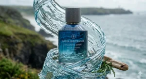 A modern, sleek cologne bottle with a deep blue aesthetic, inspired by the vast ocean.