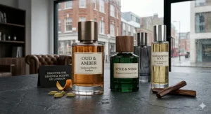 An infographic guide explaining the spicy and woody notes found in oriental men's perfumes.