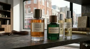 A curated collection of modern oriental men's perfumes bottles arranged on a minimalist shelf.