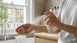 A person applying a light, fresh unisex scent to their wrist in a bright, modern bathroom.