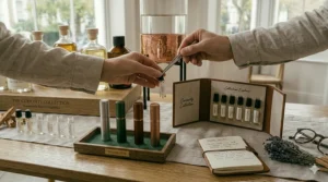 A person testing a new unisex fragrance in a boutique shop setting.