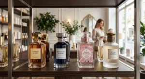 A diverse lineup of eight distinct perfume bottles, from minimalist clear glass to dark, textured bottles. The collection emphasizes popular unisex designer perfumes, relevant to a modern UK demographic.