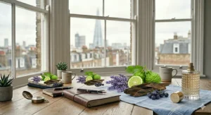 A refined desktop arrangement featuring a heritage cologne bottle, fresh botanical extracts, and classic stationery, evoking a sense of British style.