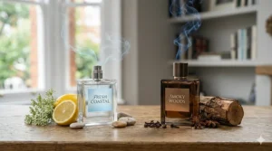 A visual comparison of 'Fresh Coastal' summer scents against 'Smoky Woods' winter cologne.