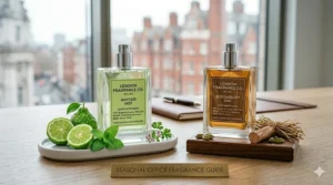 A professional display of two 'LONDON FRAGRANCE CO.' bottles labelled 'Mayfair Mist' and 'Bloomsbury Oak', highlighting a seasonal office fragrance guide with fresh and warm scent elements.