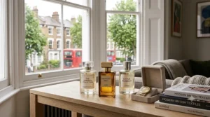 A close-up shot focusing on an elegant desktop calendar showing 'DECEMBER 26' and 'BOXING DAY SALES'. Reduced price tags are visible near several bottles, highlighting the best times to find seasonal perfume sales in the UK.