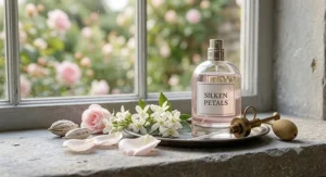 A 4K photorealistic photograph of the Silken Petals perfume bottle resting on a weathered grey limestone windowsill. Natural daylight from a garden window highlights fresh jasmine flowers and loose rose petals.
