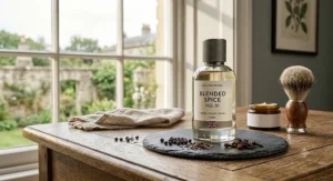 A lifestyle shot showing a bottle of spicy unisex cologne placed on a vanity table with modern grooming essentials.