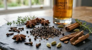 A close-up of raw ingredients used in spicy unisex cologne, including peppercorns and aromatic woody spices.