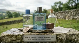 Elegant glass packaging design for a modern sporty cologne for men.