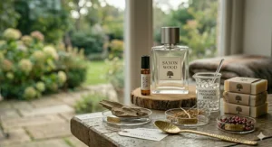 Close-up of eco-friendly, recyclable packaging for a luxury unisex woody scent.