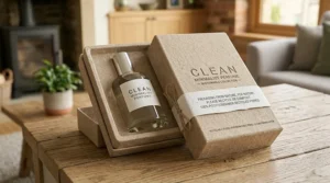 Close-up of eco-friendly, recyclable packaging for a clean minimalist perfume brand.