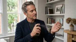 A close-up of a mature man carefully testing a new premium aftershave on his inner wrist.