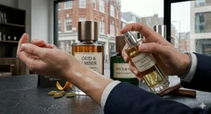 A close-up of a person testing the longevity and scent of an oriental men's perfume on their wrist.