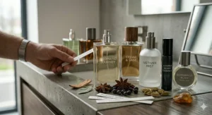 A selection of cologne bottles and labelled fragrance testing strips arranged on a table for scent comparison.