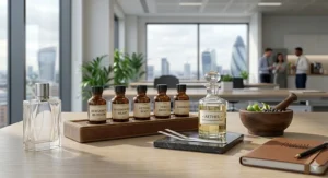 Close-up of professional cologne notes, highlighting fresh citrus and woodsy scents for men in their 30s.