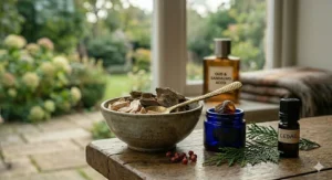 A stylish flatlay of a unisex fragrance bottle surrounded by natural autumn textures.
