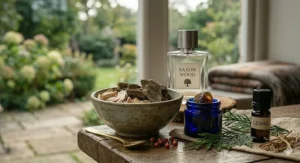 Detailed botanical illustration of vetiver roots, highlighting the earthy, smoky notes.