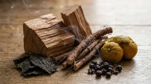 A close-up arrangement of cedarwood blocks, vetiver roots, and patchouli leaves representing woody fragrance notes.