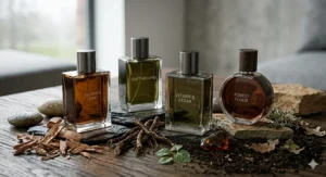 A collection of woody-themed cologne bottles set amongst stones, forest soil, and raw ingredients like cedar and vetiver.
